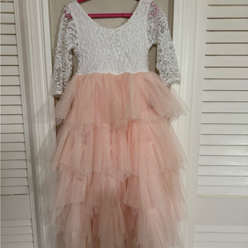 White crochet Lace and Pink Tulle maxi Dress girls 4/5